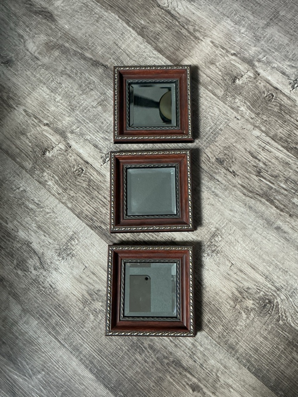 Vintage Mahogany Brass Mirror Set Of 3  Hand Crafted By T Lane Signed 6 Inch